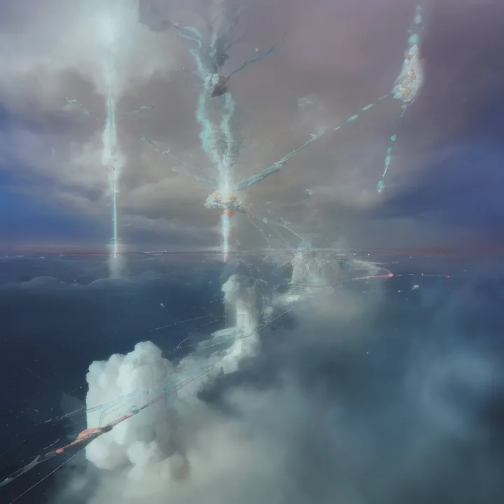 An aerial view above a cloud layer at dusk. Several bright vertical columns of vapour rise and detonate into anvil heads, threaded with faint red and blue trajectory lines. Below, banks of cumulus roll across a dark sea. Vast, atmospheric, ambiguous between weather and launch.