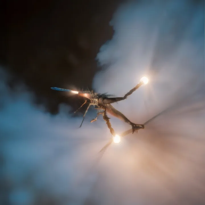 A dark, smoky field with a rim of pale cloud. At the centre, a slender insect-like form — part damselfly, part twig — hangs in mid-air with a hard white light burning at the tip of each limb. Shallow focus, glowing, everything else lost to blur.