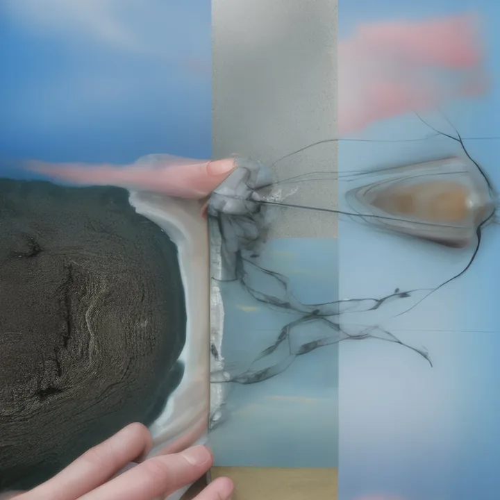 A collaged composition on blue sky. Two hands hold up a panel of dark green-black rock at the left. Behind it, tiled paper strips in pale blue and pink, and at the right a flat oval stone caught in a net of fine black wires that trail across the sky.