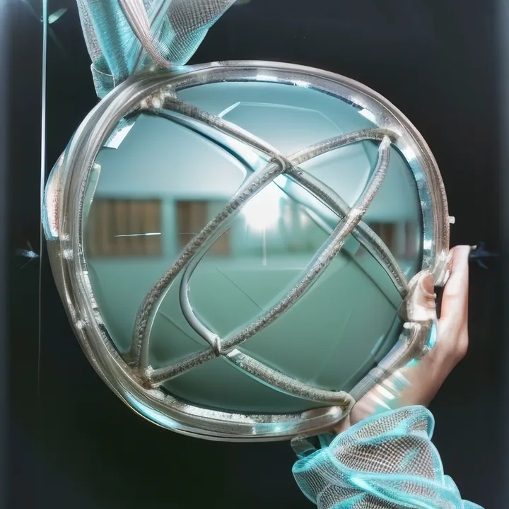 A hand holds a large round pane of glass edged in metal, banded with curved ribs like a globe's meridians. Through it a pale green room is visible, a window flaring with light. The wrist is wrapped in turquoise mesh. Held up for inspection.