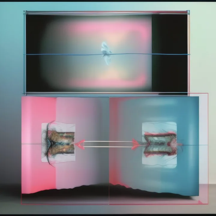 A diagrammatic arrangement of three panels. A black-backed screen sits above, a faint pale form at its centre; below, two facing panels in pink and blue each hold a small ridged specimen, joined by a double arrow pointing from one to the other. Thin red and blue rules box the whole thing. A comparison plate.