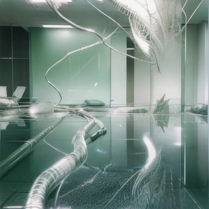 A flooded office interior in pale green. Water covers the tiled floor and reflects glass partitions and ceiling lights. Thick pale cables snake through the water toward the camera while a structure of fine mesh climbs the right-hand wall like frost. Institutional, drowned, quietly overgrown.