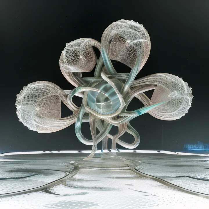 On a white plane against black, a structure of four large mesh petals opens like a flower, each panel finely gridded. Smooth glassy tubes coil through the centre in pale green and cream. Radiating lines are scored into the floor beneath. Half diatom, half chandelier.