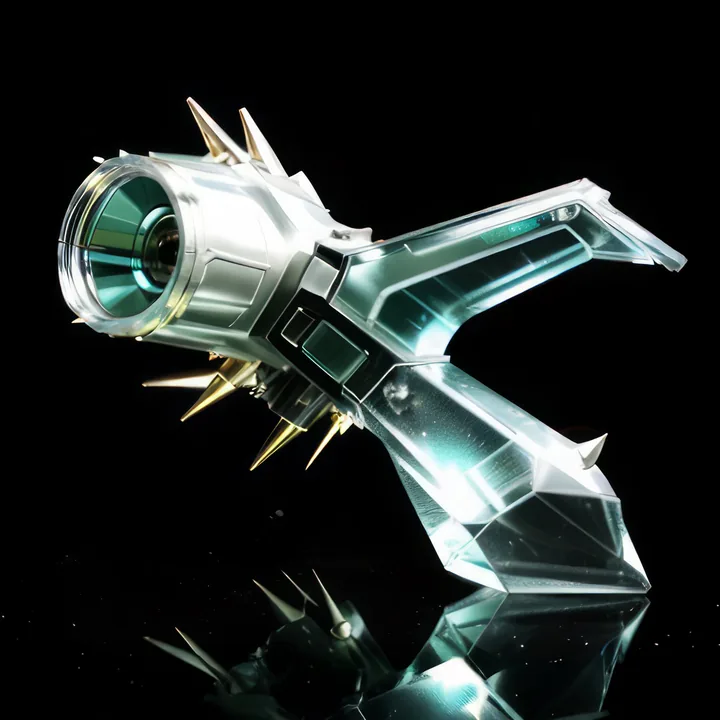Against black, a sculptural object like a spacecraft or reliquary: a chrome barrel with a green glass lens at one end, ringed with gold spikes, fused to a faceted block of clear crystal that tapers into fins. Studio-lit, reflected in a dark mirrored surface.