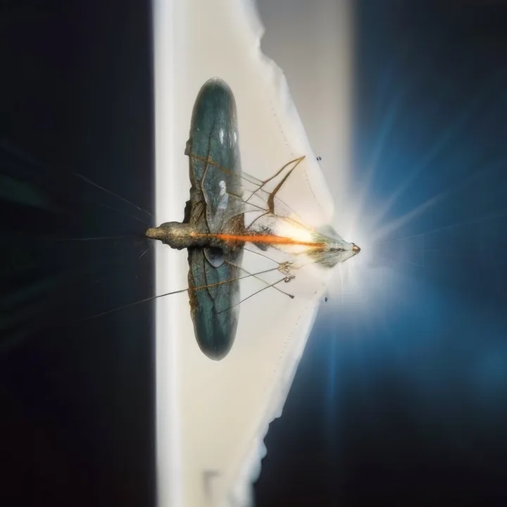 Centred on a white triangular ground, a dark seed-pod form is impaled on fine filaments that fan out to both sides. A thin orange filament runs horizontally through it into a burst of white light at the right, which flares blue into the dark surround. Symmetrical, specimen-like, violent in a small way.