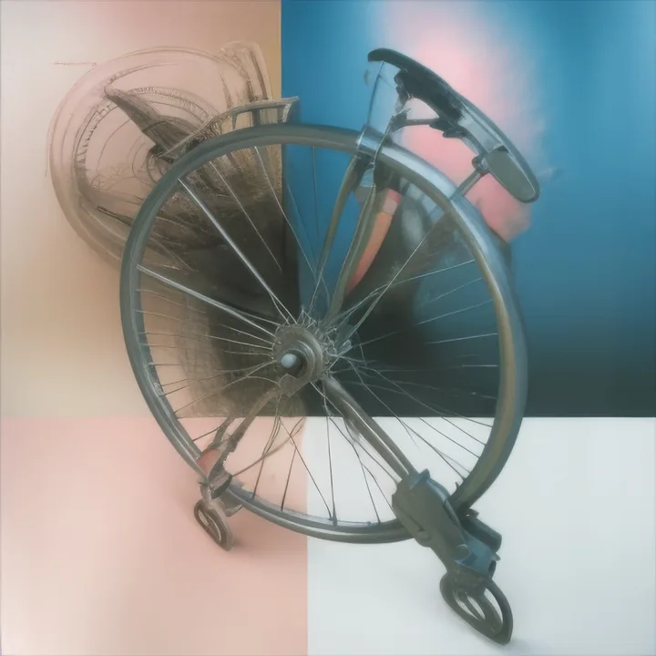 A bicycle wheel and frame, blurred as if spinning, set against four flat colour blocks — cream, deep blue, dusty pink and white. Ghosted line-drawings of the same wheel echo behind it at the left. Half photograph, half diagram, the machine caught between motion and schematic.