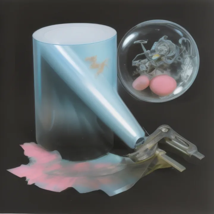 On black, a pale blue cylinder stands beside a clear glass sphere holding two pink eggs and a tangle of silver wire. A metal clamp lies at the right, and a sheet of pink and white film spills across the foreground. Airbrushed still life, cold and synthetic.