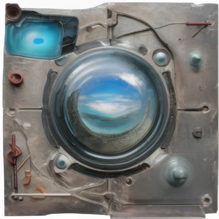 A scuffed metal panel, riveted and patched, dominated by a large circular porthole. Through its curved glass, a bright seascape — blue sky, cloud, a low shoreline — bulges into view. Small valves, dials and a blue-lit inset are set into the plate around it. Machine housing with weather inside.