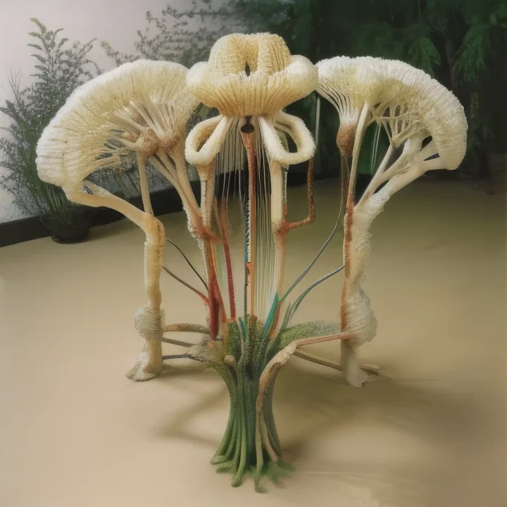 Three pale ribbed caps, part mushroom and part parasol, rise on sinuous stalks from a bundle of green tendrils on a smooth floor. Red and turquoise filaments trail down from the central cap. Behind, a painted backdrop of dark foliage. Grown, or manufactured to look grown.