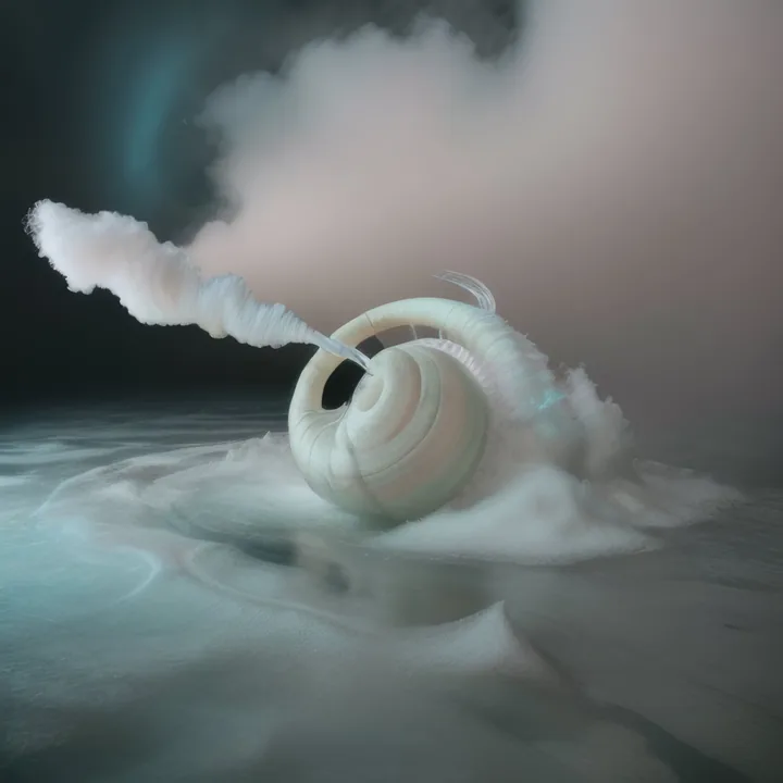In a dim fog-bound landscape, a large pale coiled form like a nautilus or rolled tongue rests in a drift of white powder. A plume of vapour streams from its opening to the upper left. A faint turquoise aurora shows in the dark sky. Soft, cold, geological.