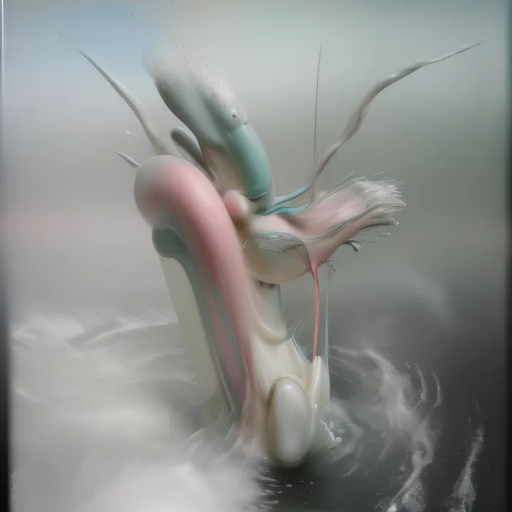 A tangle of smooth pink, cream and mint forms rises in a churn of spray — part limbs, part petals, part animal. Fine dark filaments whip out from the mass. Below, water spirals away in a blurred vortex. Everything is moving; nothing resolves into a creature.