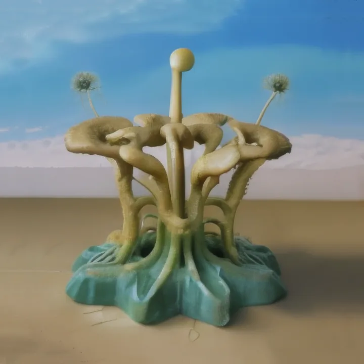 Against a wide blue sky and flat desert, a pale sculptural form rises from a turquoise star-shaped base: thick stalks branch into four ribbed caps around a central stem topped with a small sphere. Two dandelion seed-heads stand on thin stems either side. Monument, fountain and fungus.