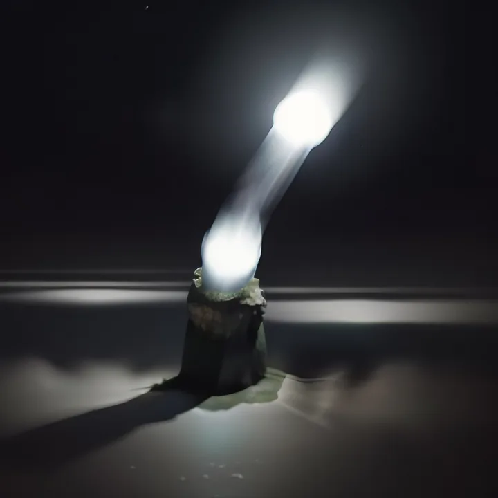 Near-total darkness. A short dark stump stands on a reflective floor; from its top a thick column of white light bends upward and to the right like a flame under wind. A pale shadow spills across the ground. Nothing else is lit.