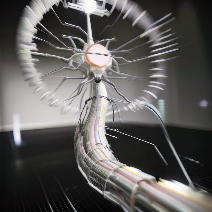 A chrome and glass organism rises from a dark grid floor: a thick braided trunk of pale tubes curves up into a burst of radiating metal spines around a glowing pink-white disc, with a blurred halo spinning behind. Motion-blurred, part orchid and part turbine.