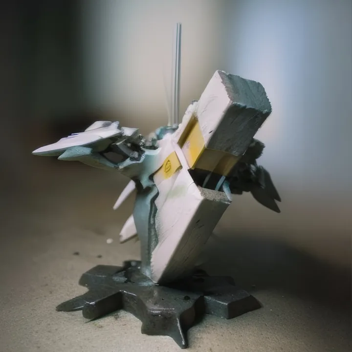 A small sculptural object on a pale surface: a chunky white slab with a yellow band, set into dark grey angular fins like a bird mid-stoop, standing on a jagged star-shaped foot. A thin rod rises from the top. Shallow focus, model-scale, part aircraft and part heraldry.