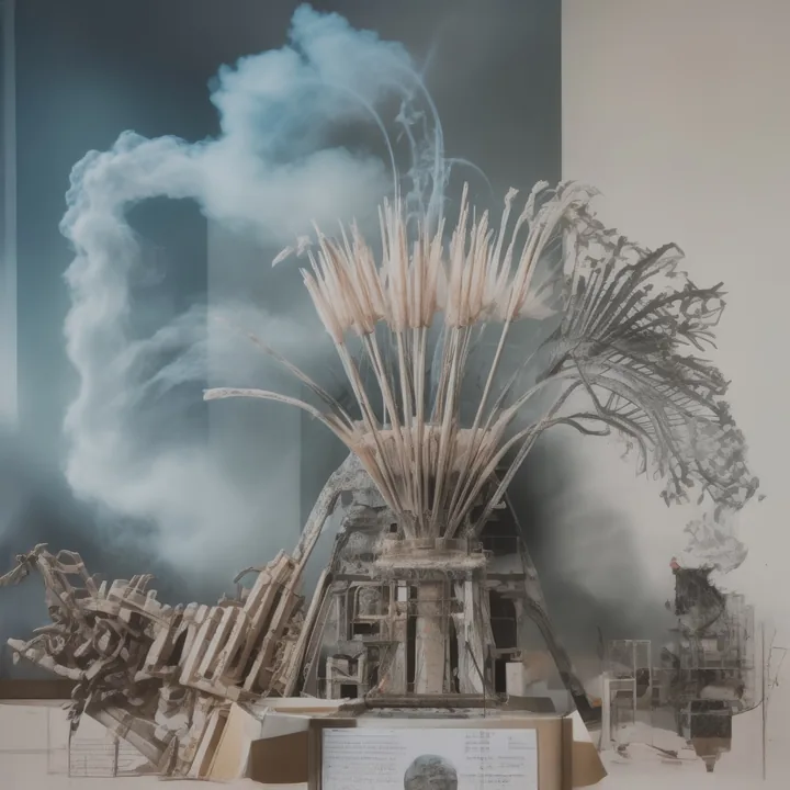 A dense sheaf of pale rods and reeds erupts from a wooden armature, throwing off a great plume of blue-grey smoke that fills the left half of the frame. A ghosted feathered form spreads at the right. Below, a small framed portrait sits on a plinth. Interior, ceremonial, partly erased.