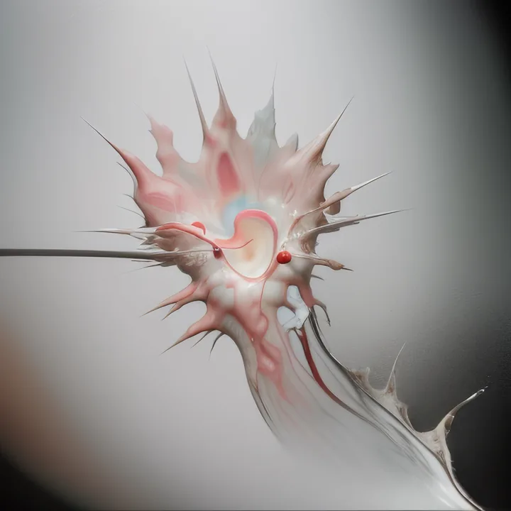 On a pale grey ground, a spiked pink and white form like a shell or a torn blossom is pierced left to right by a fine grey shaft. Small red beads sit on its surface; a translucent tail streams away to the lower right. Clean, surgical, faintly wounded.