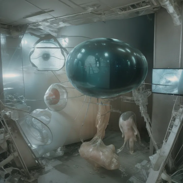 A cluttered industrial interior in cold teal. A huge dark glossy ovoid hangs at the centre, tethered by cables; behind it pale bulbous forms with red-rimmed apertures are stacked like tanks. A small hairless animal stands in the middle distance. Screens glow on the right wall. Laboratory, hangar, or nursery.