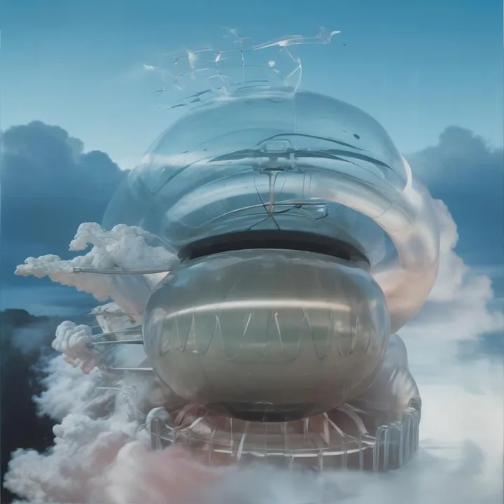 A colossal double-chambered vessel floats in blue sky above cloud: a clear glass upper dome over a ribbed bronze lower bulb, mounted on a pale scaffold ring. Vapour billows from its base and a thin antenna structure crowns it. Airship, observatory and pressure cooker.