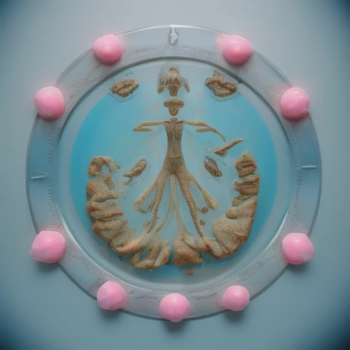 A round glass plate ringed with pink spheres, seen from above. Inside, a turquoise ground holds a symmetrical human-like figure formed from crusty gold matter, flanked by curving deposits like wings or ribs. Framed, labelled, presented as a specimen dish.