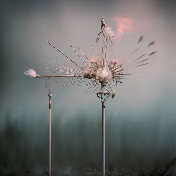 Against a grey misted field, two thin poles stand in dark grass. The taller carries a bristling seed-head of fine spines and filaments with a small pink flame at its crown; the shorter holds a single pale tuft. Fragile, votive, like instruments left in a field.