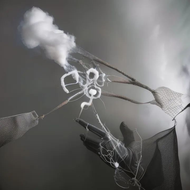 On grey, two dark gloved or shadowed hands reach in from left and right, holding taut a fine black mesh and a tangle of white filaments. At the centre the tangle knots into pale beads and releases a small white cloud that drifts up and left. Making weather by hand.