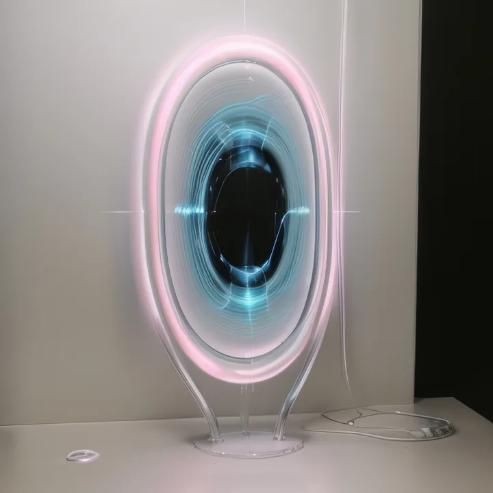 A glass ovoid stands upright on a small clear foot on a pale table. Inside it, concentric rings of pink and cyan light spin around a black centre; fine crosshair lines flare left and right. A thin cable runs off to the right. Somewhere between a mirror, a monitor and an eye.