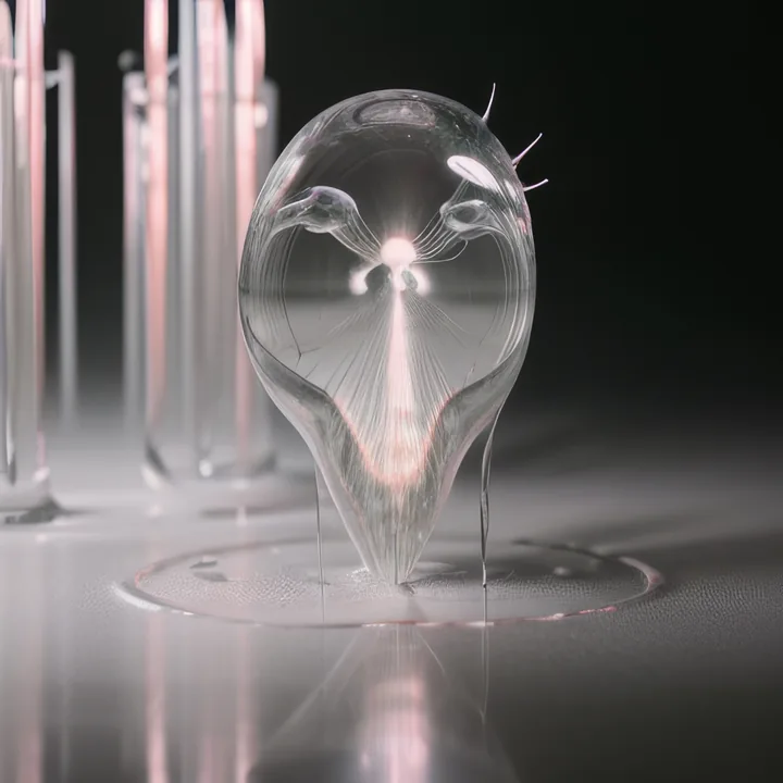 A teardrop of clear glass stands on a wet reflective floor, pale pink light in its base. Inside, two delicate bird-like forms face each other over a rising filament. Rows of glass tubes recede into fog behind. Laboratory quiet, symmetrical, reverent.