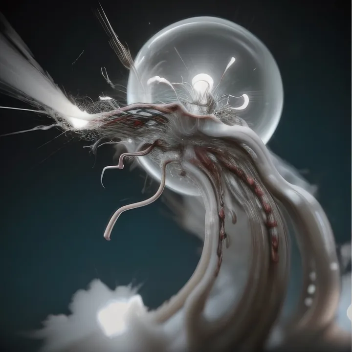 Against deep teal, a great pale tentacular form sweeps up from cloud at the bottom and flares into a spray of filaments at the upper left, backed by a luminous sphere. Fine red beading runs along the limb. Fluid, anatomical, caught mid-lash.
