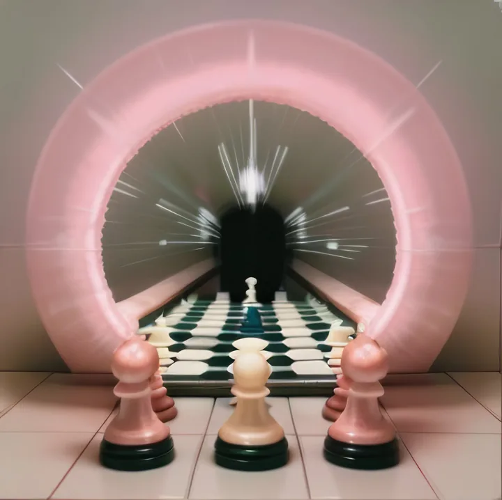 A vast pink padded ring fills a tiled room, its opening a tunnel of radiating white light. A chequerboard floor runs into it toward a small dark figure at the vanishing point. Three oversized chess pawns stand in the foreground. Blurred, dreamlike, faintly absurd.