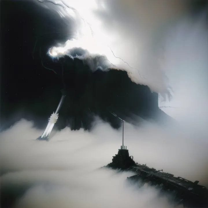 A dark headland or cliff looms above a sea of low fog under a black sky, lightning flickering at its edge. A bright white streak falls diagonally at the left. In the foreground, a small ruined structure with a mast juts from the cloud. Almost monochrome, storm-lit.