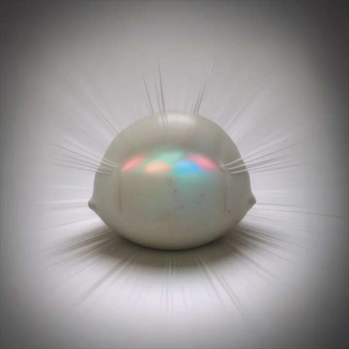 A single pale ovoid object, egg-like and faintly ridged, sits on a white ground and radiates fine white spines in every direction. Inside it, soft blooms of red, green and blue glow through the shell. Backlit, luminous, centred, nothing else in frame.
