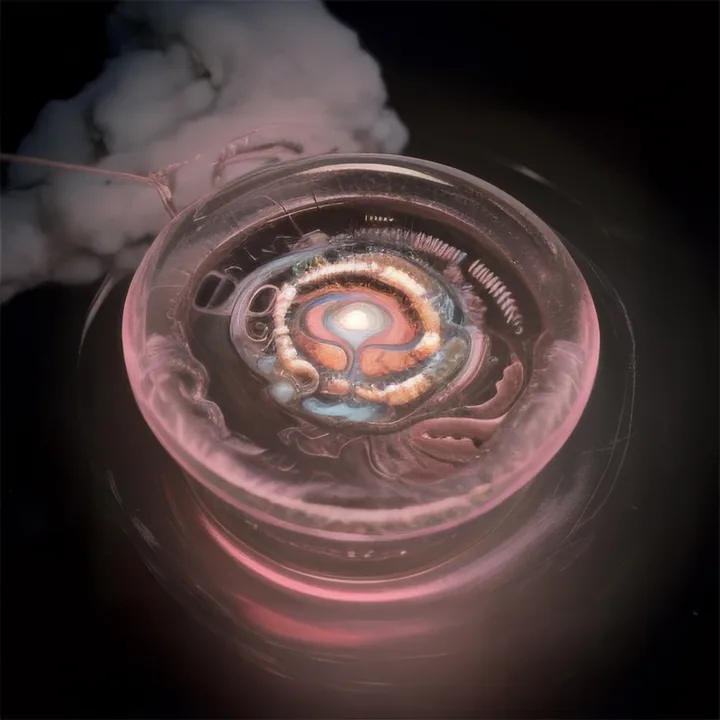 A shallow glass dish glows pink against black. Inside it, a coiled ring of coral and bone-coloured matter surrounds a bright pale centre, with ribbed and tentacled structures pressed to the walls. A wisp of cloud drifts in at the upper left. Petri dish as galaxy.