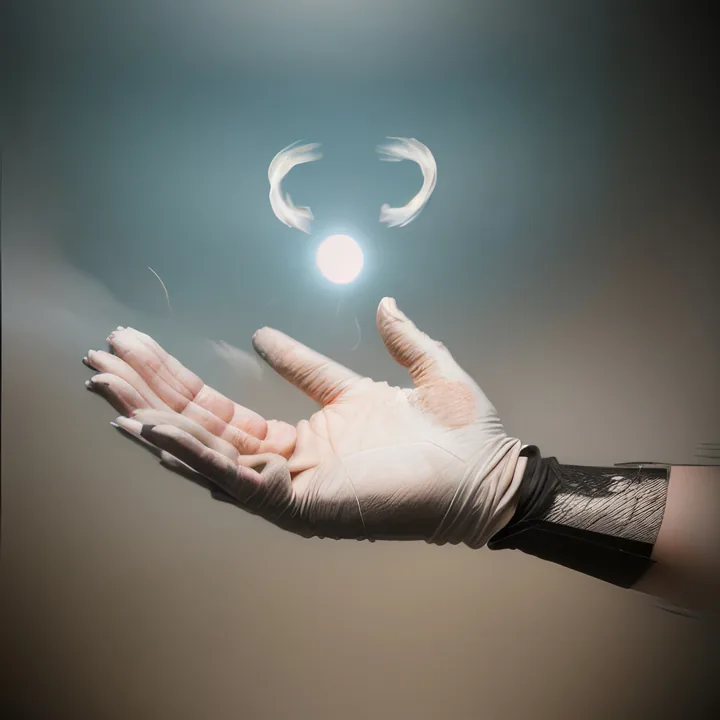 An open upturned palm in a white latex glove, the cuff meeting a dark mesh sleeve, reaches in from the right. Above the fingers floats a small bright white sphere flanked by two curved wisps of vapour. Teal-grey background, soft focus. An offering, or a demonstration.