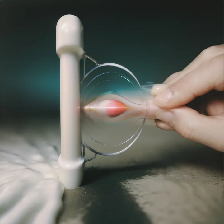 A hand holds a thin glass disc upright in a metal clip on a pale bench. Inside the glass, a slender orange-pink filament glows at the centre, shedding faint concentric ripples. A white post stands at the left. Close, tactile, an experiment in progress.