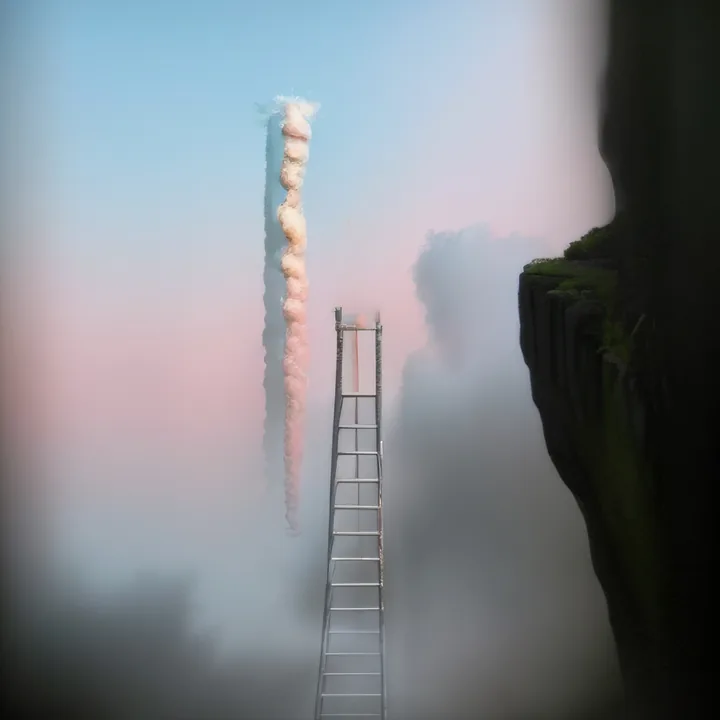 A tall aluminium ladder rises out of low cloud toward a mossy cliff edge at the right. To the left, a vertical column of pink-white cloud hangs in the air like a second ladder made of vapour. Pastel sky, everything softened by mist.