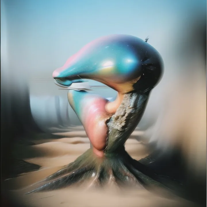 A large iridescent form, part seed-pod and part beaked head, balances on a dark rooted base in a blurred desert. Its surface shifts blue, pink and gold; the lower part is crusted and stony. Motion blur smears the horizon. Organic, monumental, unplaceable.