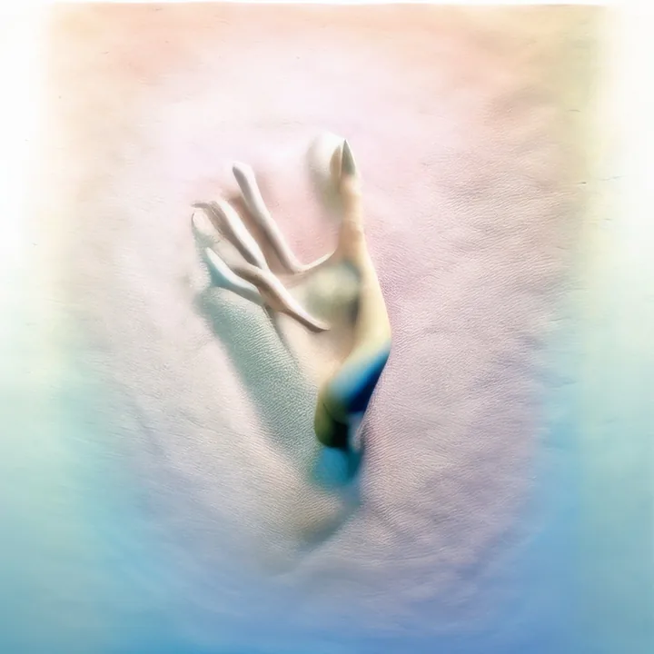 A pale hand and forearm press up through a soft pastel surface, as if surfacing through cloth or snow. The fingers are splayed and the wrist shades into blue-green. Everything else is a wash of white, pink and mint. Quiet, muffled, mid-emergence.