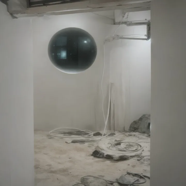 A bare white concrete room. A large dark sphere is fixed to the wall, its surface reflecting the windows and lights of the room. Cables and pale hoops lie coiled across the dusty floor, with a rough boulder-like mass at the right. Unfinished, deserted, faintly observatory.