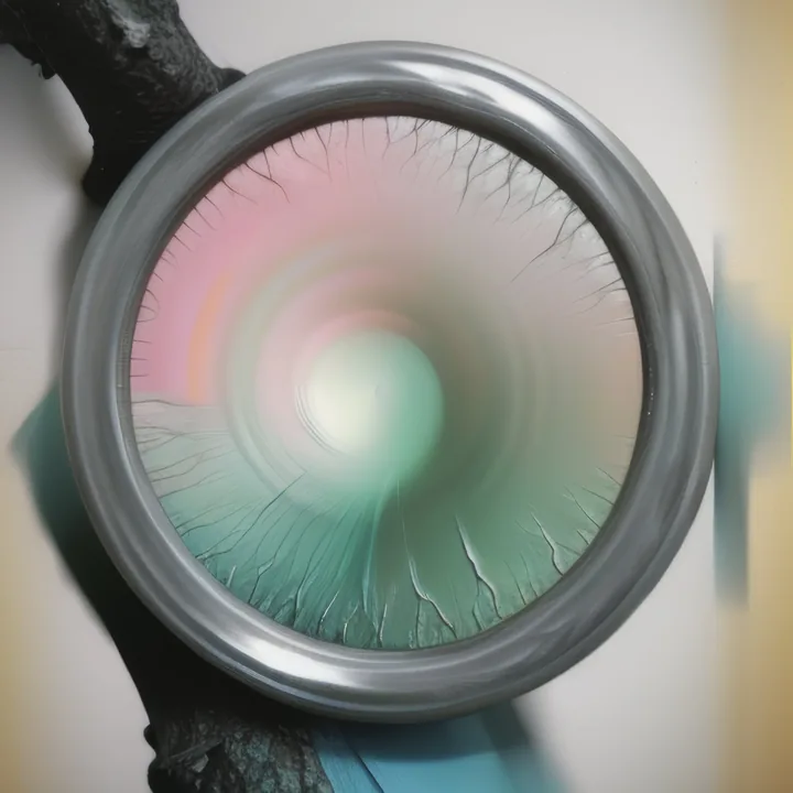 A thick chrome ring mounted on a pale wall holds a membrane of swirling pink and mint that spirals into a bright white centre, fine cracks radiating outward. A dark branching form presses in from the left. Porthole, drum skin and eye at once.