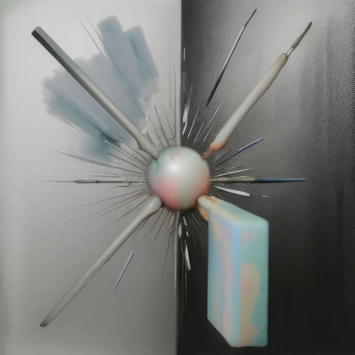 A composition split white on the left, black on the right. At its centre a small pearlescent sphere is pierced by long needles and rods radiating outward in a burst, with pale blue brushstrokes behind. A soft pastel block sits at the lower right. Half laboratory, half icon.