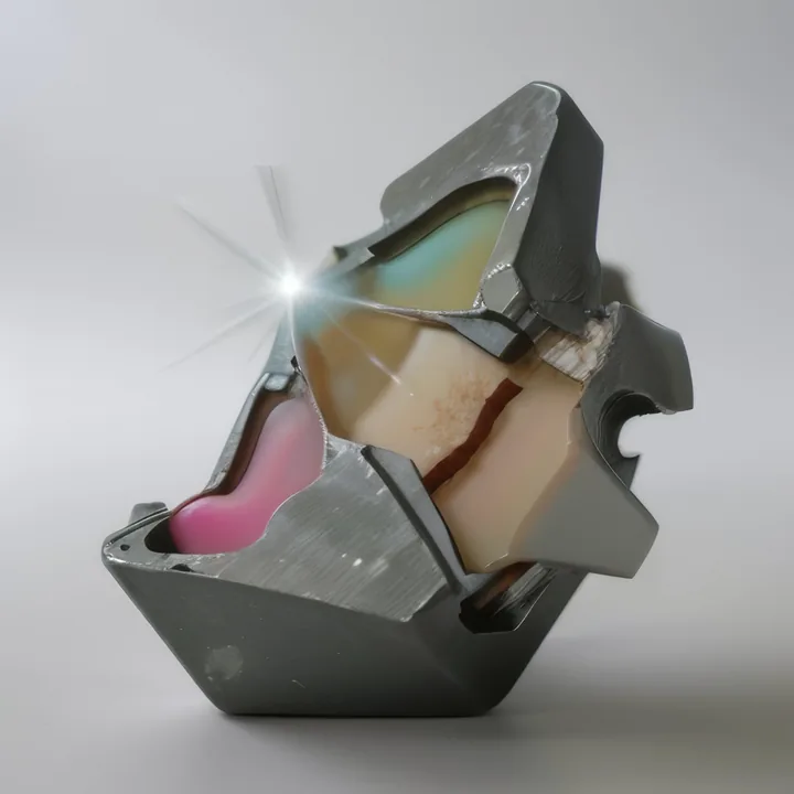 A faceted lump of grey metal sits on a plain surface, cut open to reveal strata of pink, cream and green interior like geology or confectionery. A hard star of light flares off the cut edge. Studio-lit, specimen-framed, mineral and edible at once.
