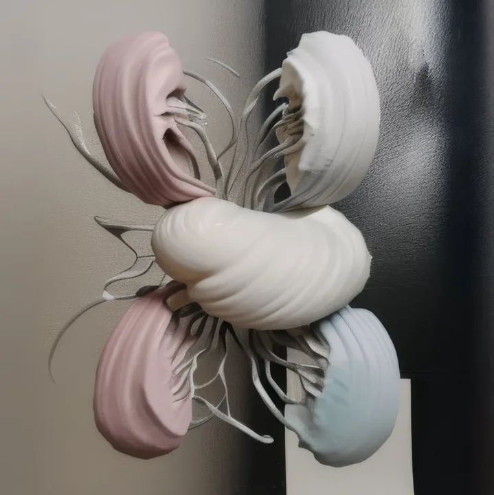 Four ribbed shell-like lobes in pink, white and pale blue cluster around a central white coil on a grey wall, with fine pale roots threading between them. A black panel and a white card sit behind. Arranged like a specimen mount, or a flower assembled from parts.