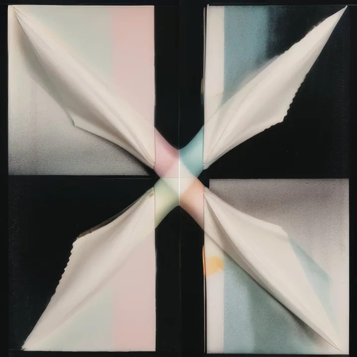 Four panels meet at the centre of a black field, each peeling up into a sharp white curl so the whole forms an X or pinwheel. Pastel gradients of pink, mint and blue show on the exposed faces. Crisp, symmetrical, entirely abstract.