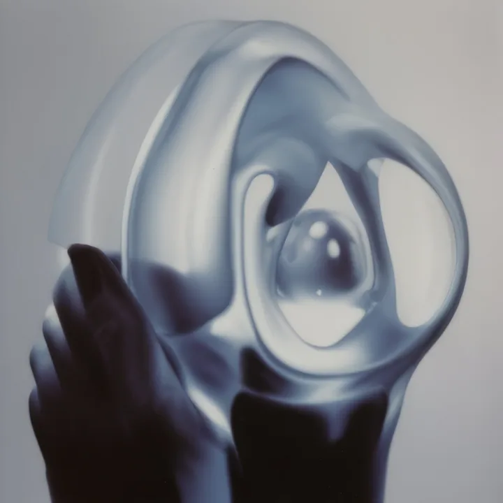 A dark hand holds up a smooth translucent form in pale blue-grey glass, folded and looped so that an opening at its centre encloses a small sphere. Plain grey background. Monochrome, sculptural, the object unnameable.