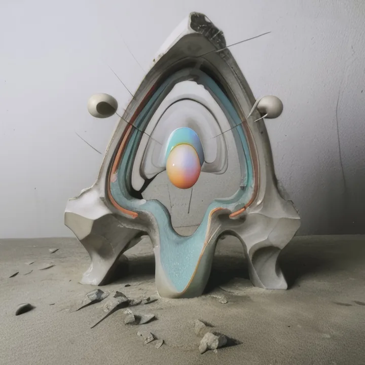 A pale arch-shaped mass sits on grey sand, sliced open to show concentric layers of concrete, mint and coral around a hollow chamber. A small iridescent egg rests glowing at its centre. Two pale spheres on thin rods flank it like callout pins. Ruin and diagram at once.