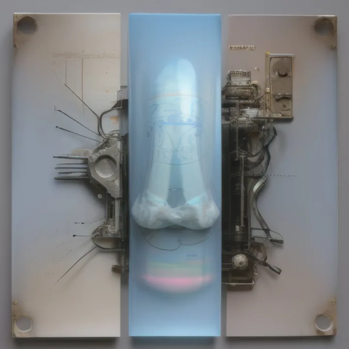 A framed triptych panel. Dense mechanical assemblies of levers, pins and dials occupy the left and right thirds; between them a tall pale blue chamber holds a smooth bulbous form like a bone or bulb, faint pink light at its base. Machine either side, body in the middle.