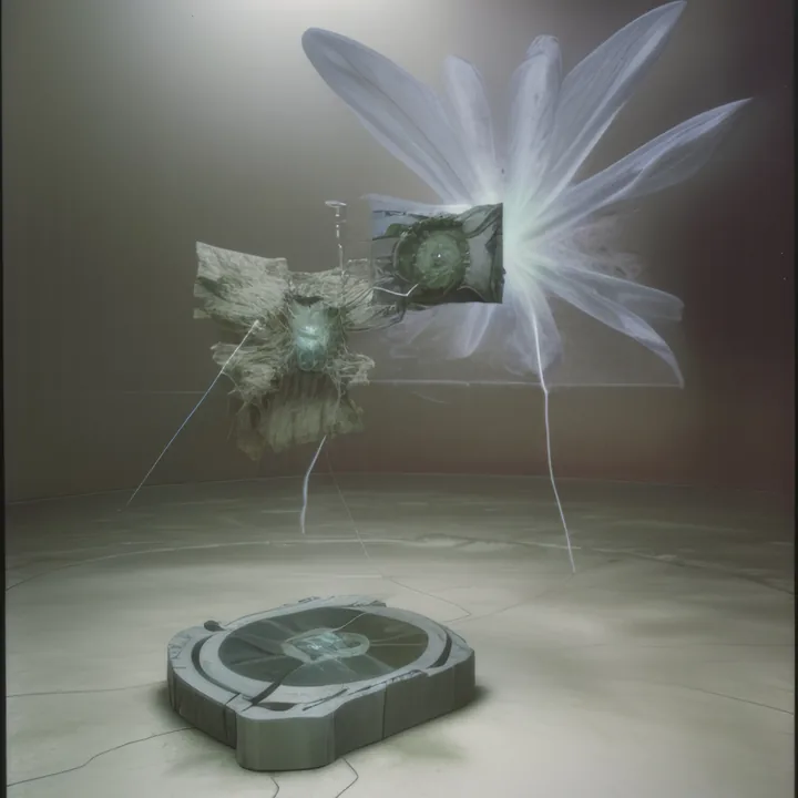 A dim grey room. A ragged winged construction of mesh, panels and green lenses hangs in the air, throwing a spray of translucent petals to the right and trailing fine wires to the floor. Below it sits a squat circular plinth with a green disc set into its top.