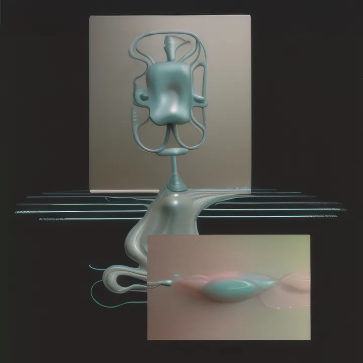 On black, a pale mint form like a stylised torso or lyre stands against a lit panel, tapering into a stem that pours down into a molten pool. Thin horizontal light-streaks cut across the middle. Inset at lower right, a smaller image shows a green pod in soft pink light.