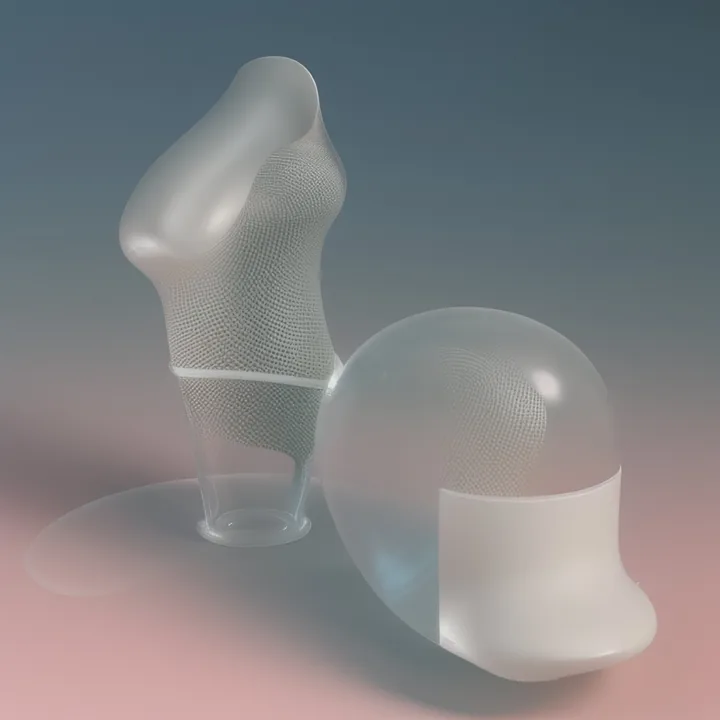 Two pale objects on a blue-to-pink gradient ground. At the left a smooth limb-like form stands in a glass cup, sheathed in fine mesh; at the right a clear dome rests over a rounded white mass. Soft studio light, no scale, vaguely prosthetic.